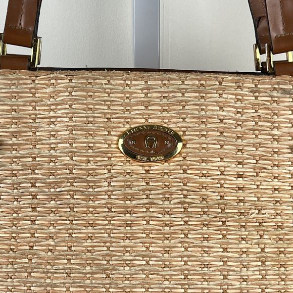 Etienne Aigner Handbag Purse Shoulder Bag Straw Jute Faux Leather 14 x 8 - Flaw - Picture 3 of 10